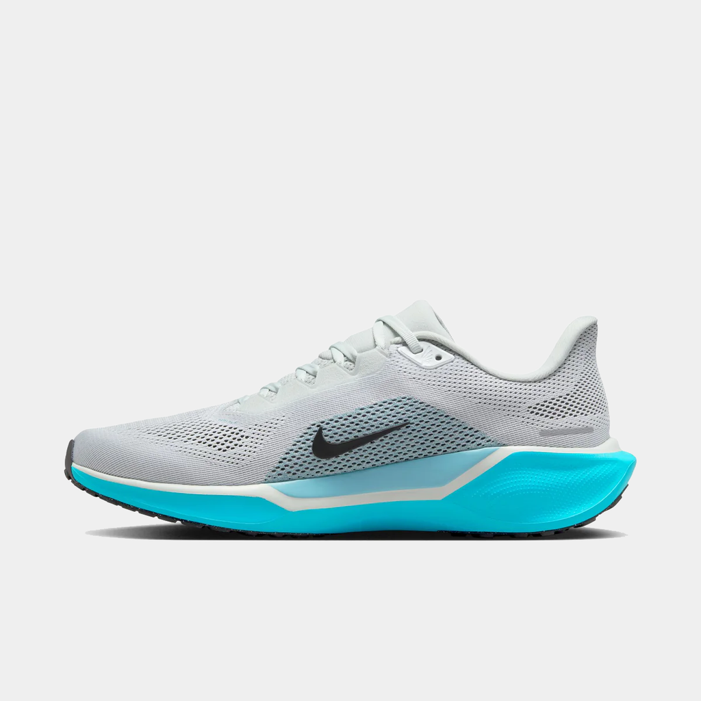 A pair of white Nike Air Zoom Pegasus 41 running shoes with black and blue accents and a black and white sole.
