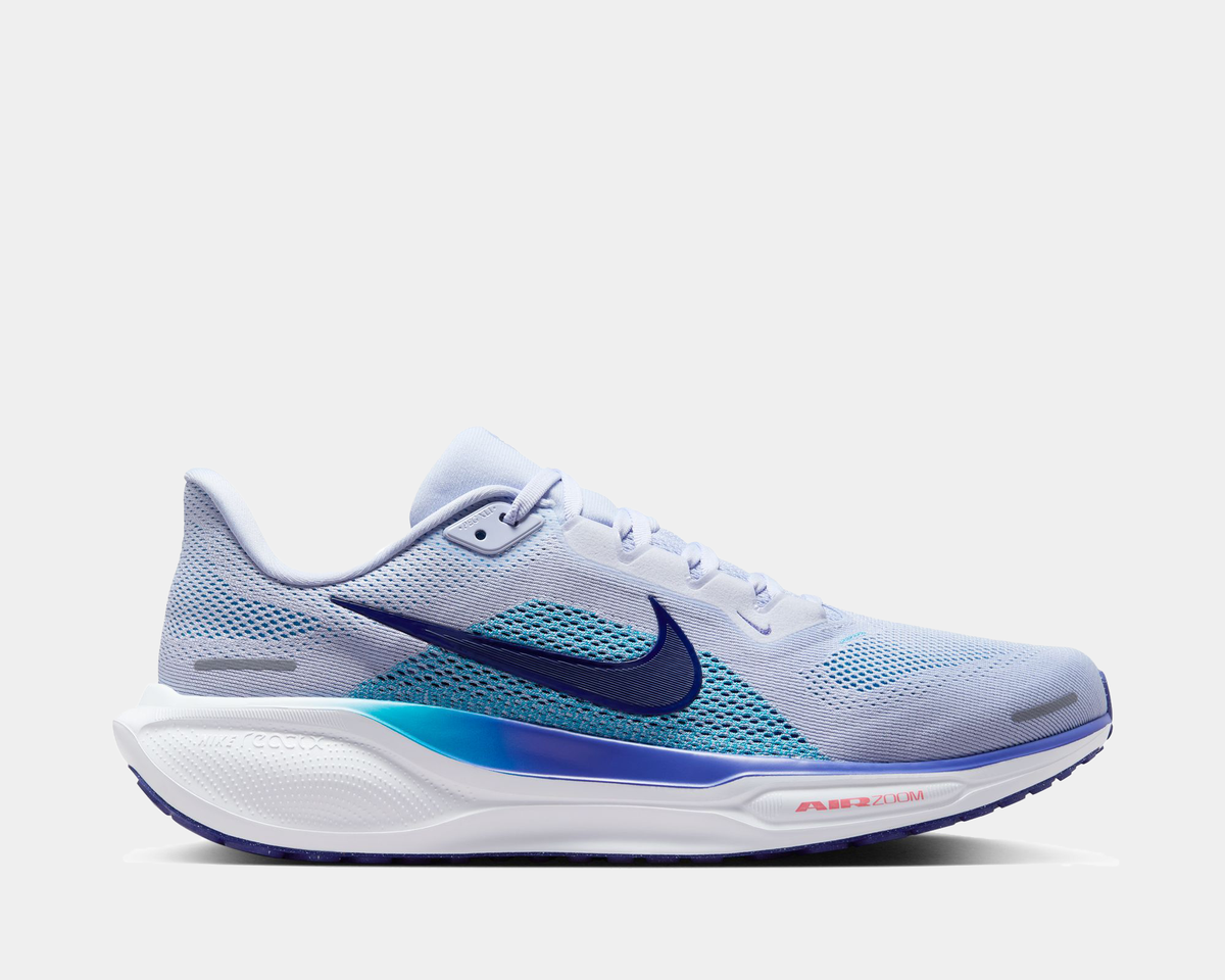 White running shoe with blue accents on a light gray background