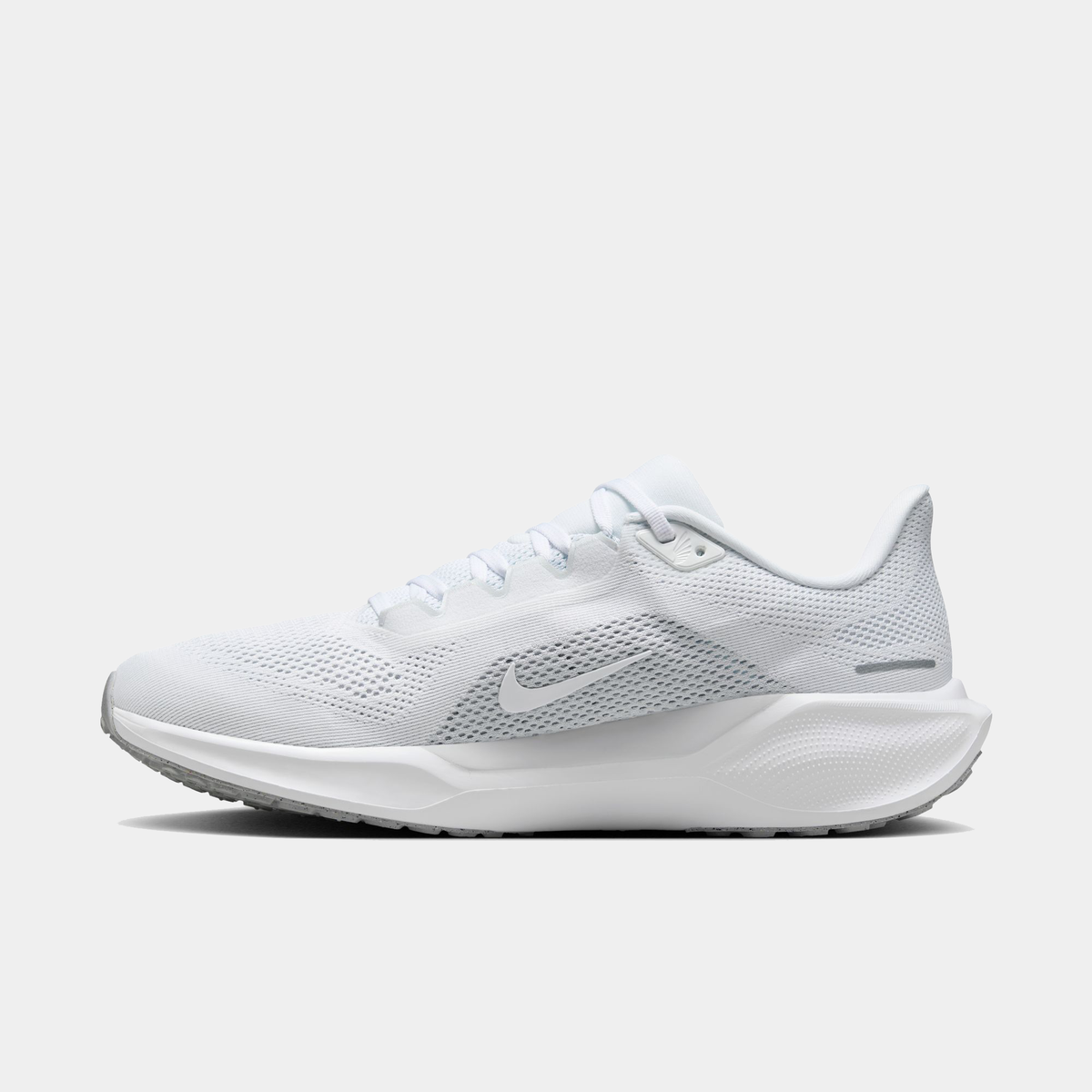 A pair of white Nike Air Zoom Pegasus 41 running shoes with white accents .