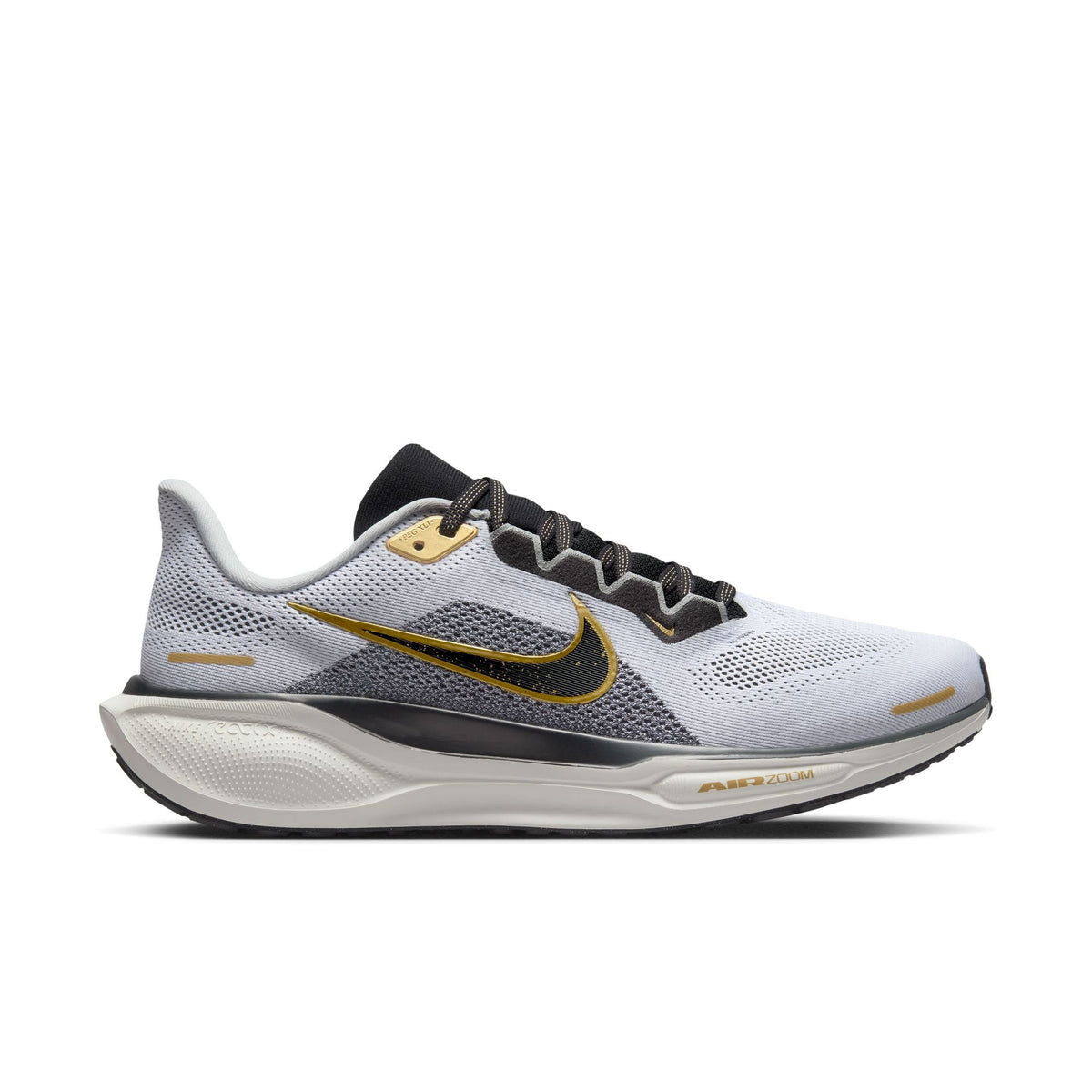 A pair of white and black Nike Air Zoom Pegasus 41 running shoes with black and gold accents and a white and black sole.