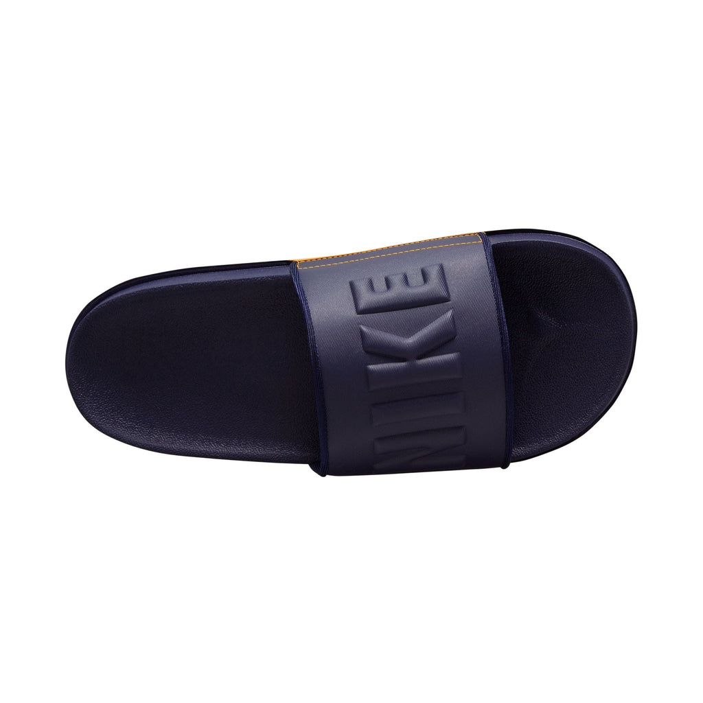 Nike Offcourt Slide sandals in navy blue with textured footbed and embossed logo strap, top view.