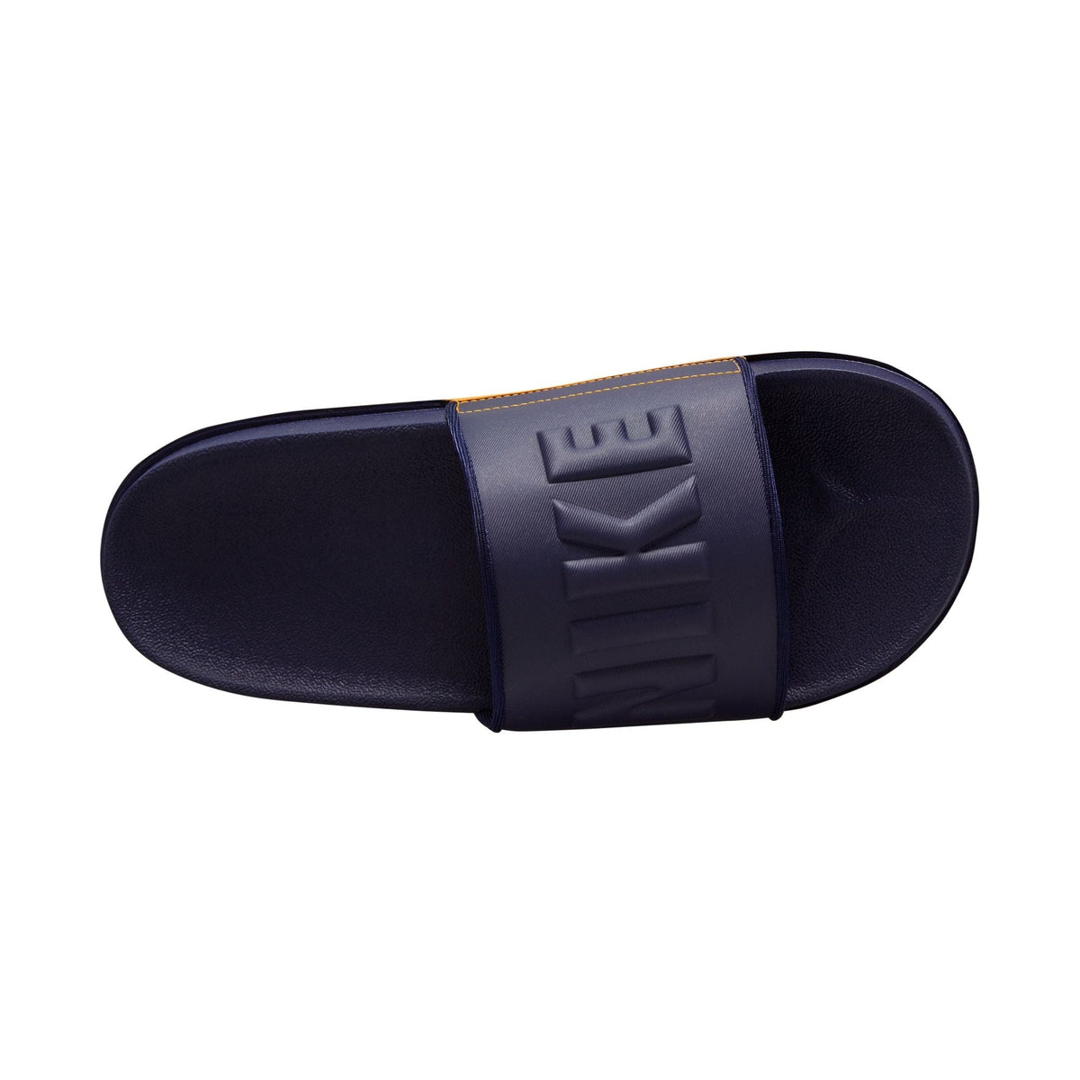 Nike Offcourt Slide sandals in navy blue with textured footbed and embossed logo strap, top view.