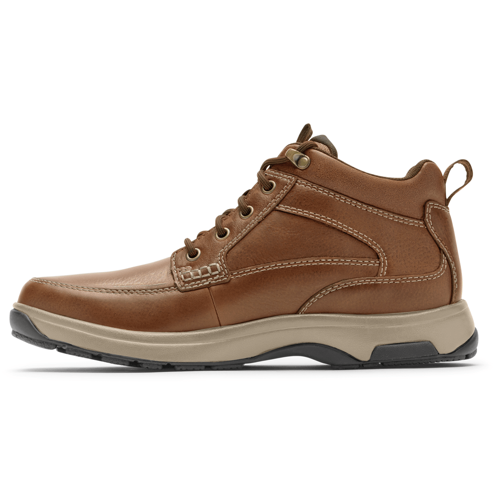 Dunham 8000 Mid Waterproof Boot in brown leather with contrast stitching and a durable beige sole, side view.