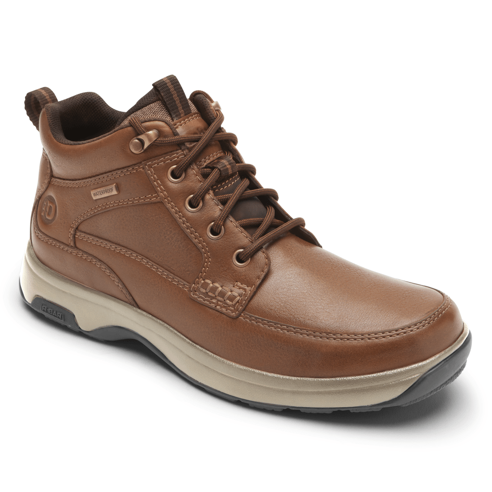 Dunham 8000 Mid Waterproof Boot in brown leather with lace-up design and durable rubber outsole, angled side view.