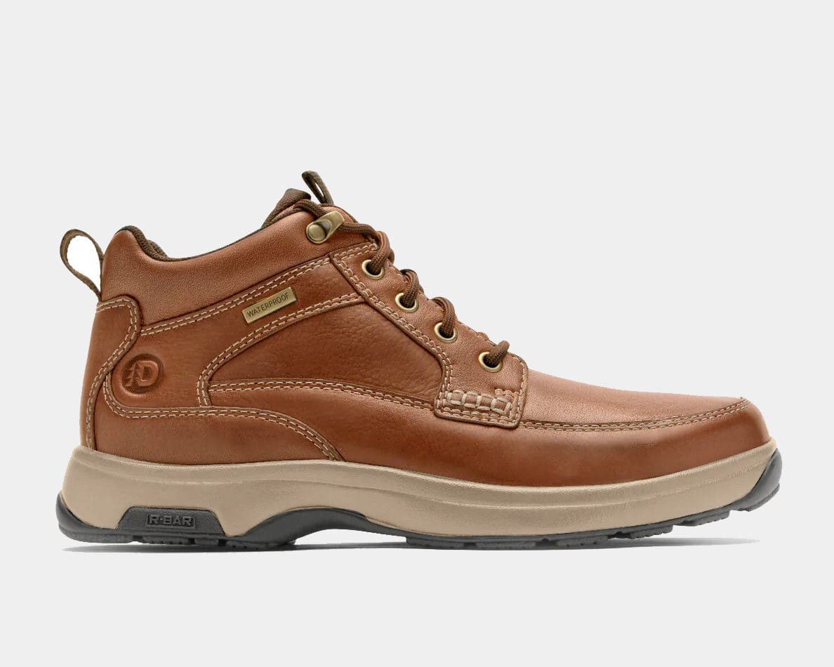 Dunham 8000 Mid Waterproof Boot in brown leather with reinforced stitching, metal eyelets, and beige sole, side view.