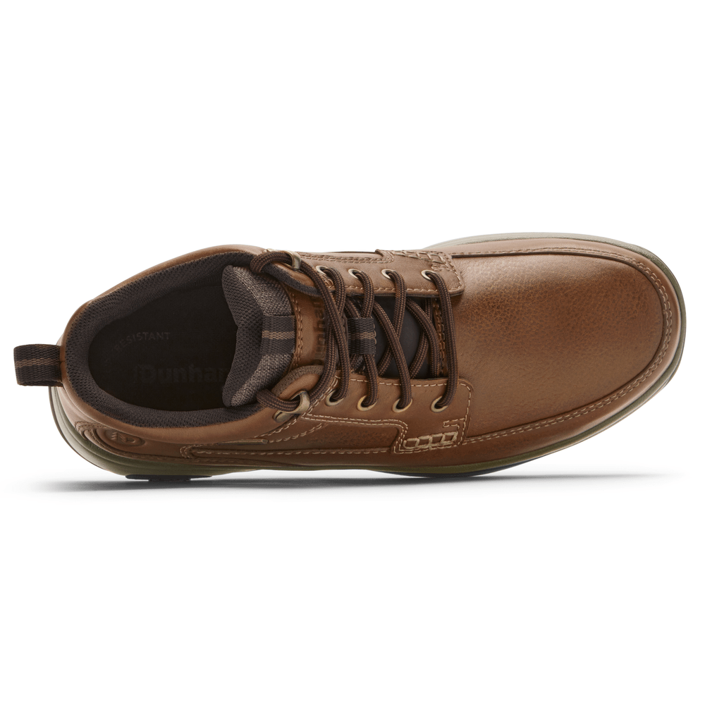 Dunham 8000 Mid Waterproof Boot in brown leather with metal eyelets and padded collar, top view showing lace-up design.