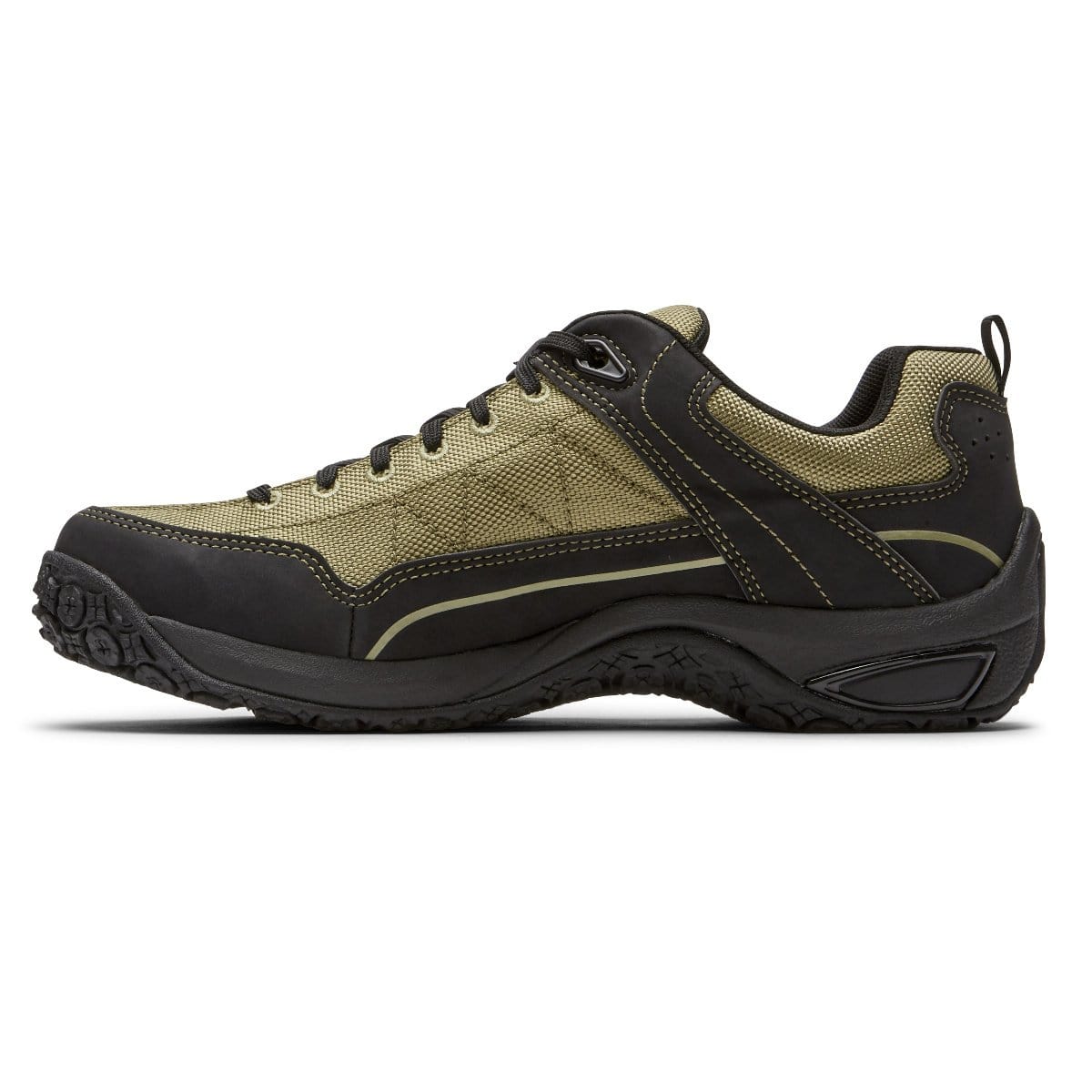 Dunham Cloud Plus Lace Up Waterproof Trekker shoes, side view featuring olive green mesh upper, black overlays, and rugged outsole.