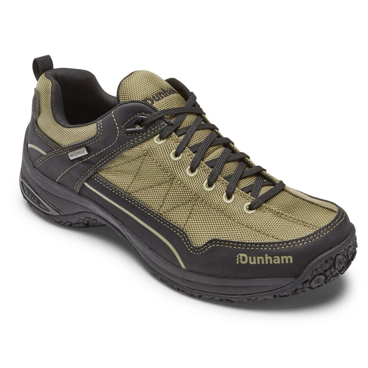 Dunham Cloud Plus Lace Up Waterproof Trekker shoes in olive green and black with durable mesh upper and waterproof features, side view.