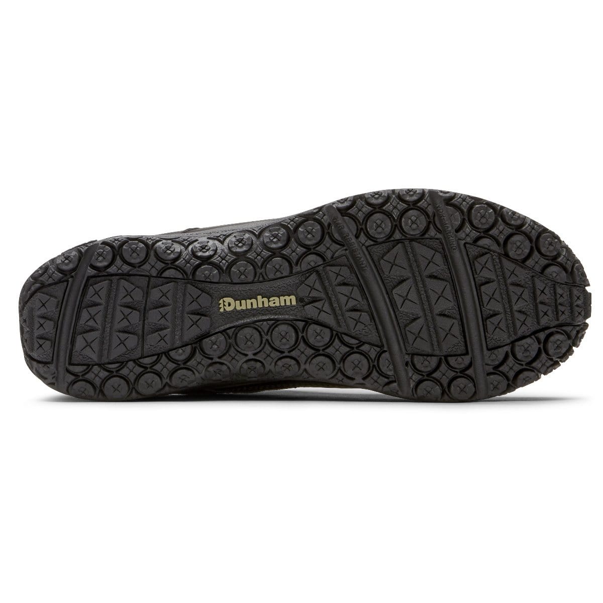Dunham Cloud Plus Lace Up Waterproof Trekker outsole in black featuring durable tread pattern and Dunham logo.
