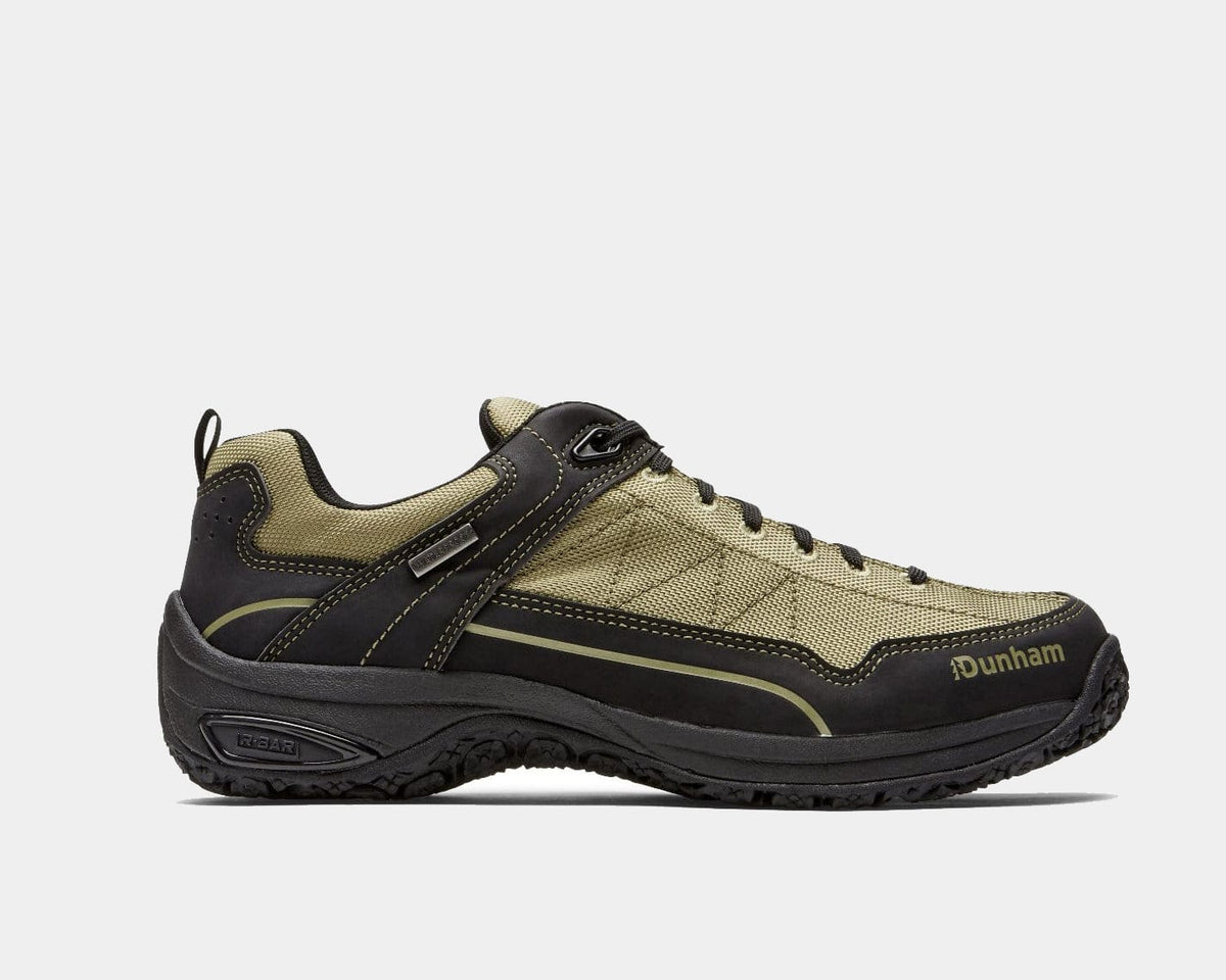Dunham Cloud Plus Lace Up Waterproof Trekker hiking shoes in olive green and black with durable leather and mesh upper, side view.
