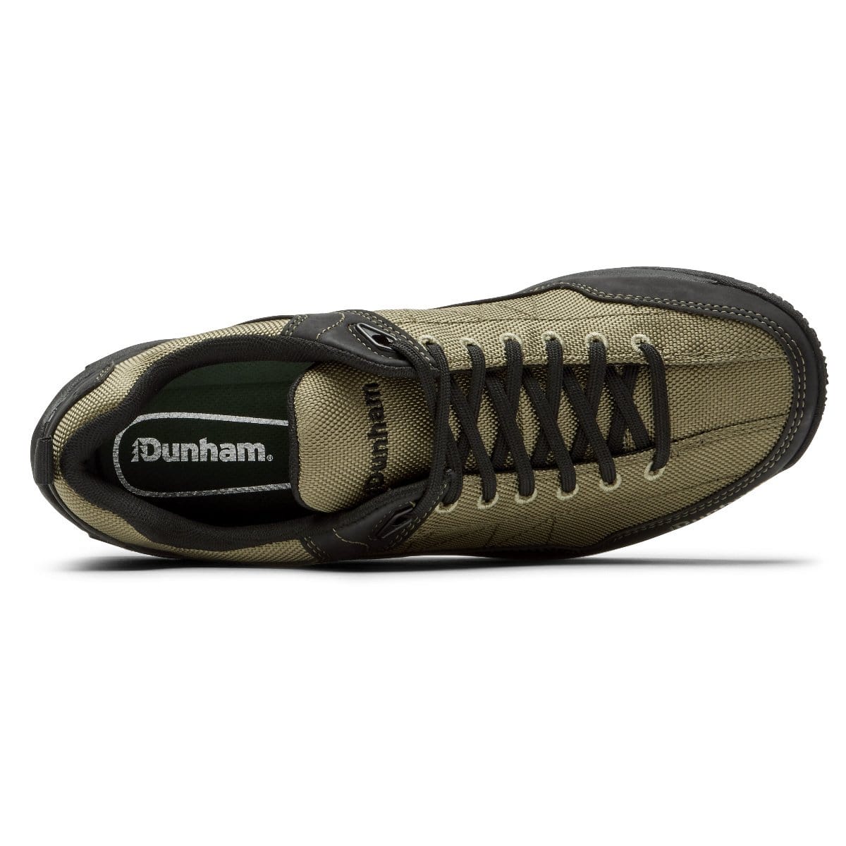 Dunham Cloud Plus Lace Up Waterproof Trekker shoes top view showing olive green mesh upper, black laces, and padded interior.