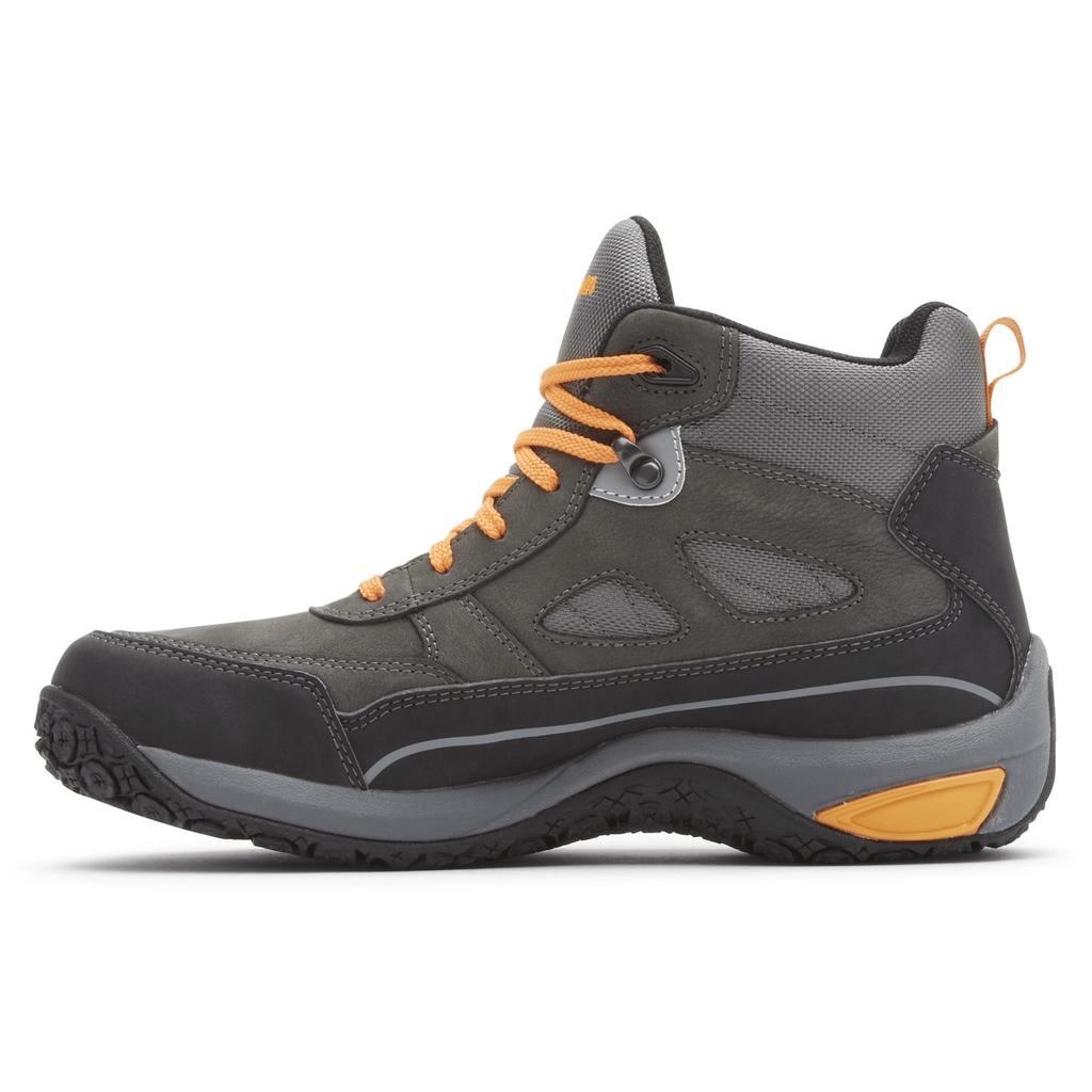 Dunham Cloud Plus Mid II hiking boots in dark gray with orange laces, rugged rubber outsole, and mesh inserts, side view.