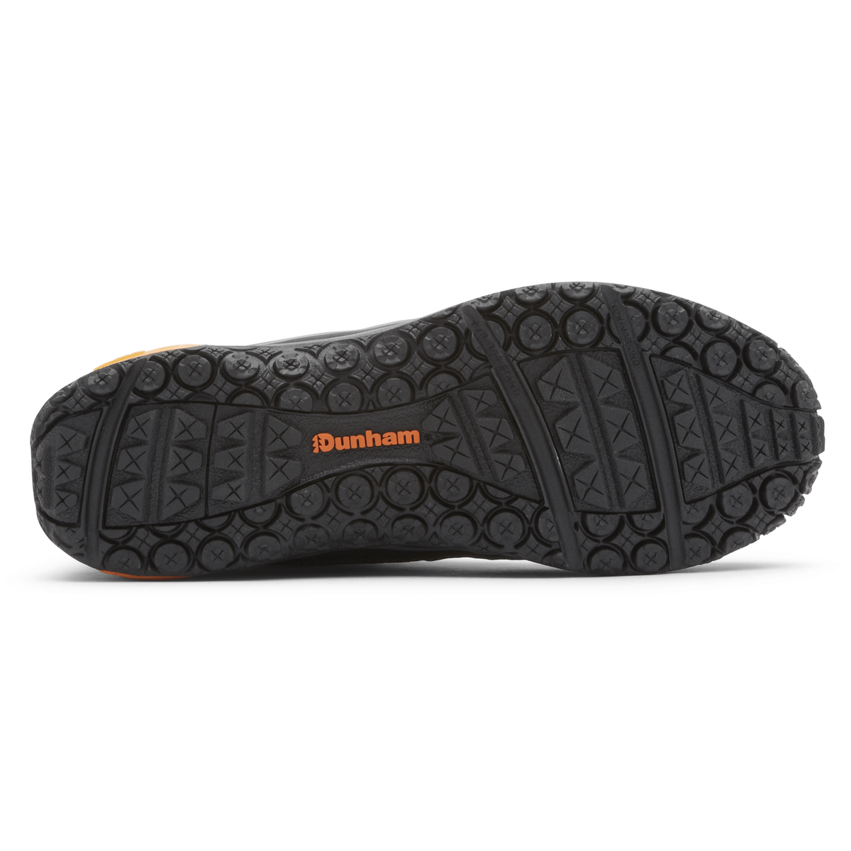 Dunham Cloud Plus Mid II hiking boots outsole with durable black rubber, rugged tread pattern, and orange branding.