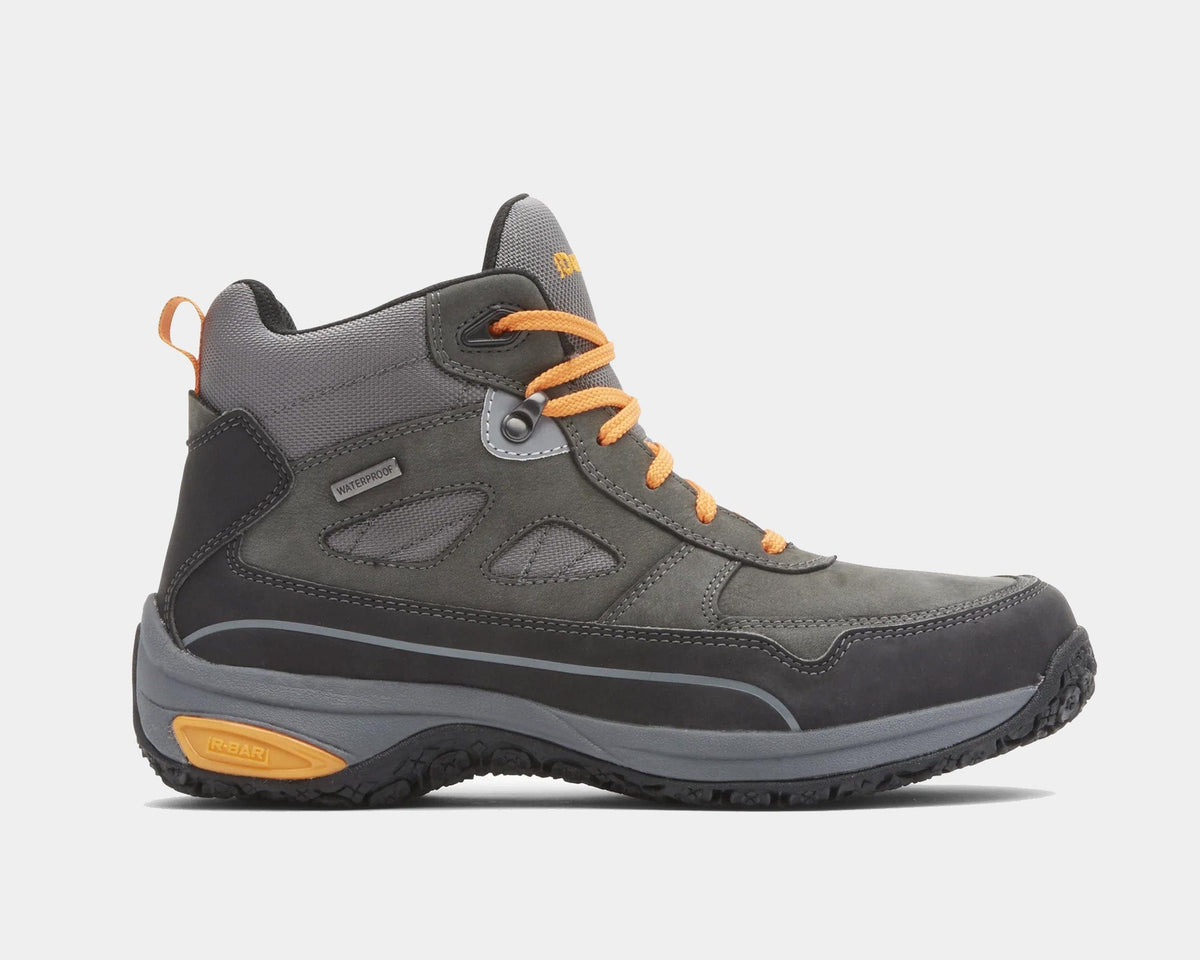 Dunham Cloud Plus Mid II hiking boots in gray with waterproof leather upper, orange laces, and rugged rubber outsole, side view.