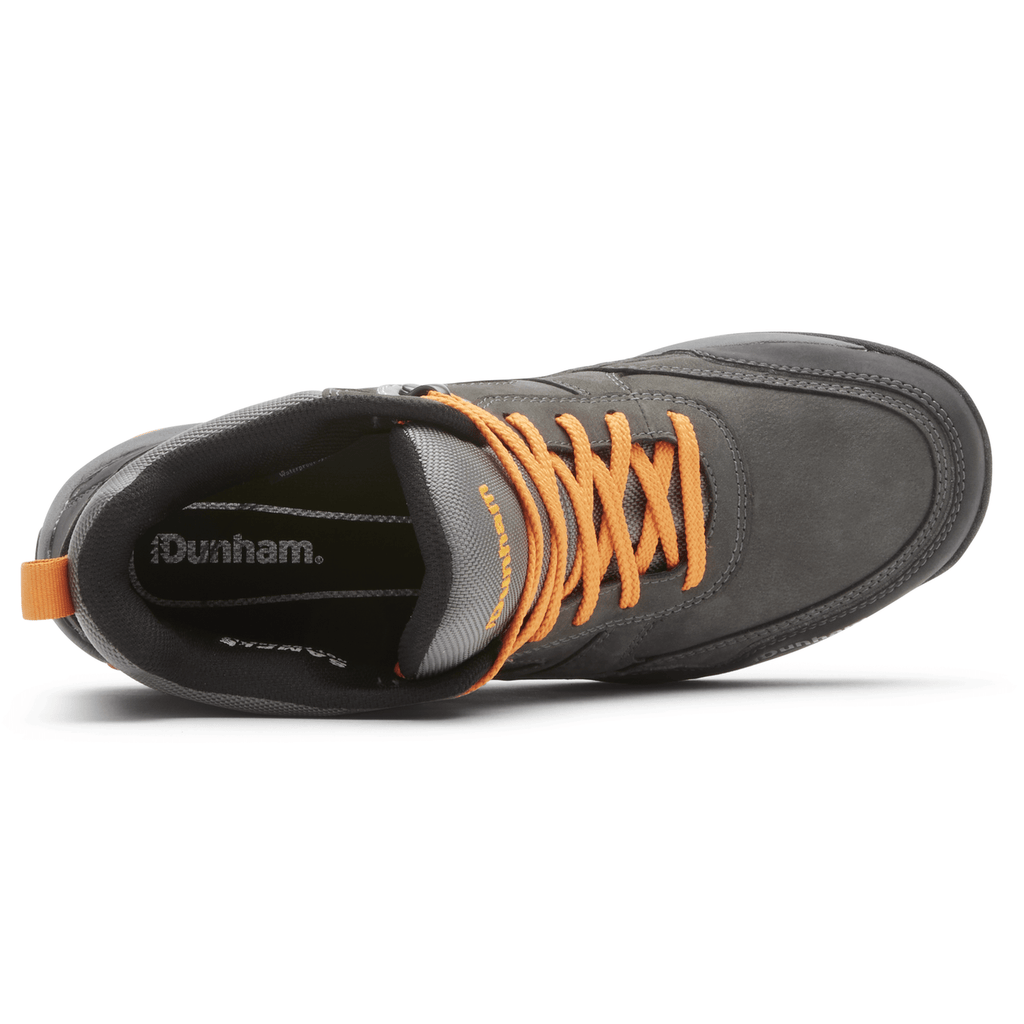 Dunham Cloud Plus Mid II hiking boots top view in gray with orange laces, waterproof leather upper, and cushioned collar.