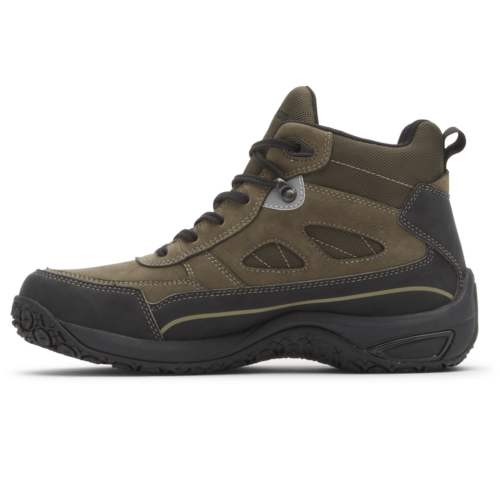 Dunham Cloud Plus Mid II hiking boots in olive and black with durable leather upper, mesh panels, and rugged outsole, side view.