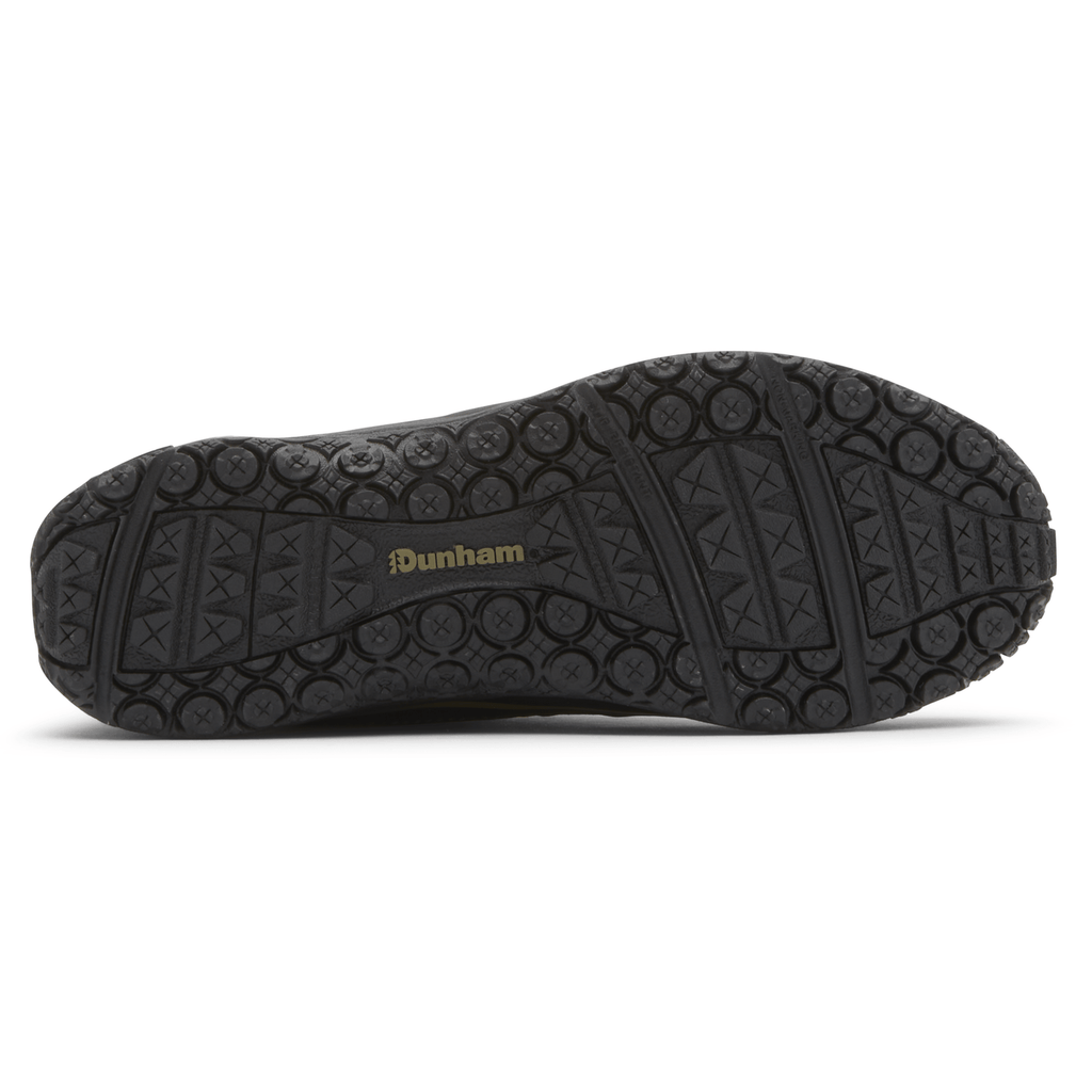 Dunham Cloud Plus Mid II hiking boots outsole displaying textured rubber tread pattern and gold logo branding.
