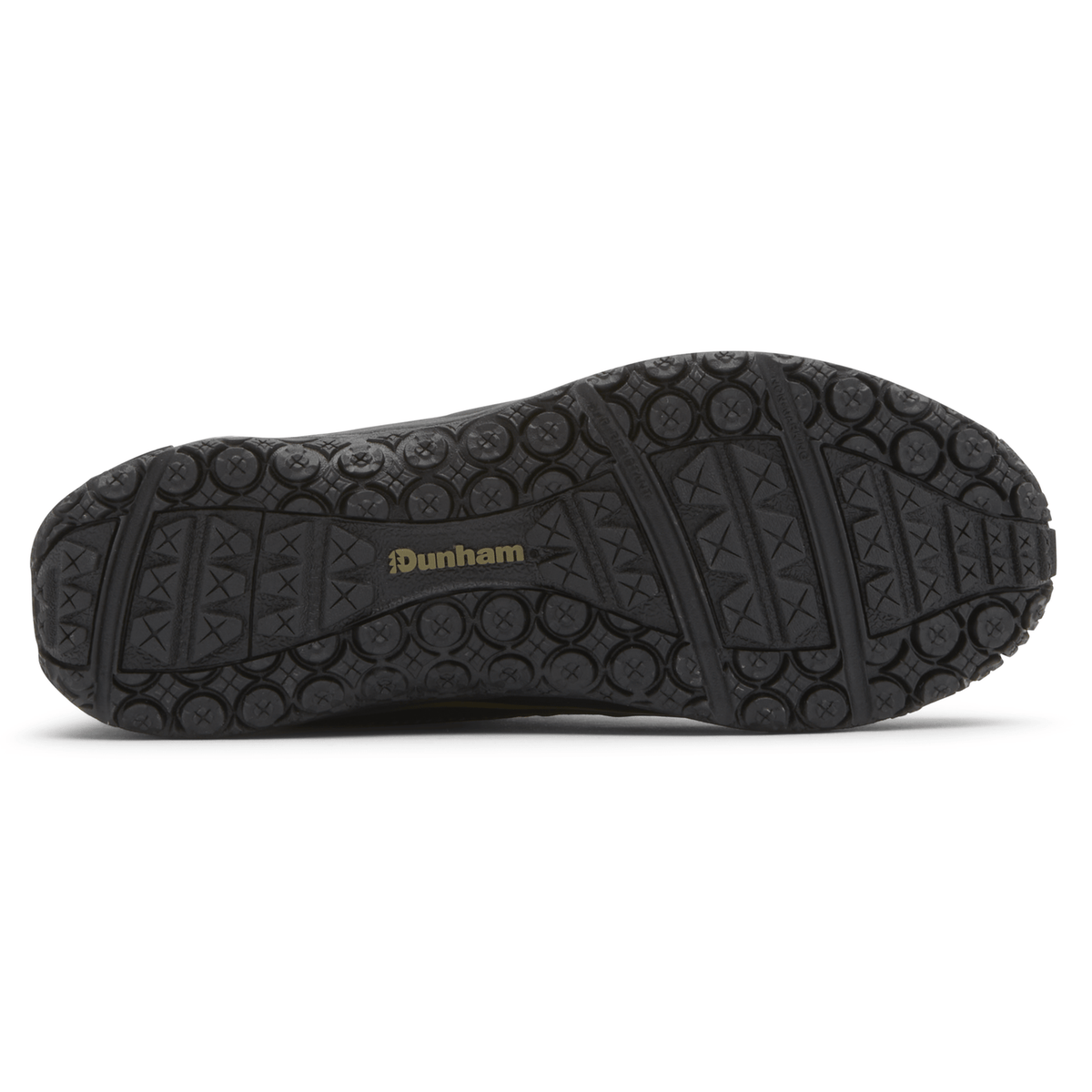Dunham Cloud Plus Mid II hiking boots outsole displaying textured rubber tread pattern and gold logo branding.