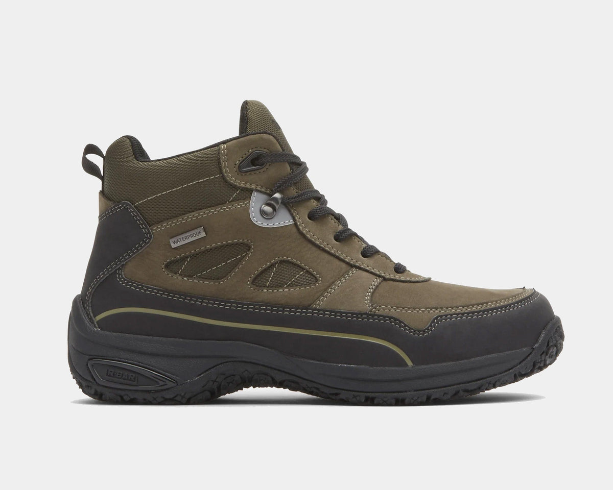 Dunham Cloud Plus Mid II hiking boots in olive green with waterproof leather upper and black rubber outsole, side view.