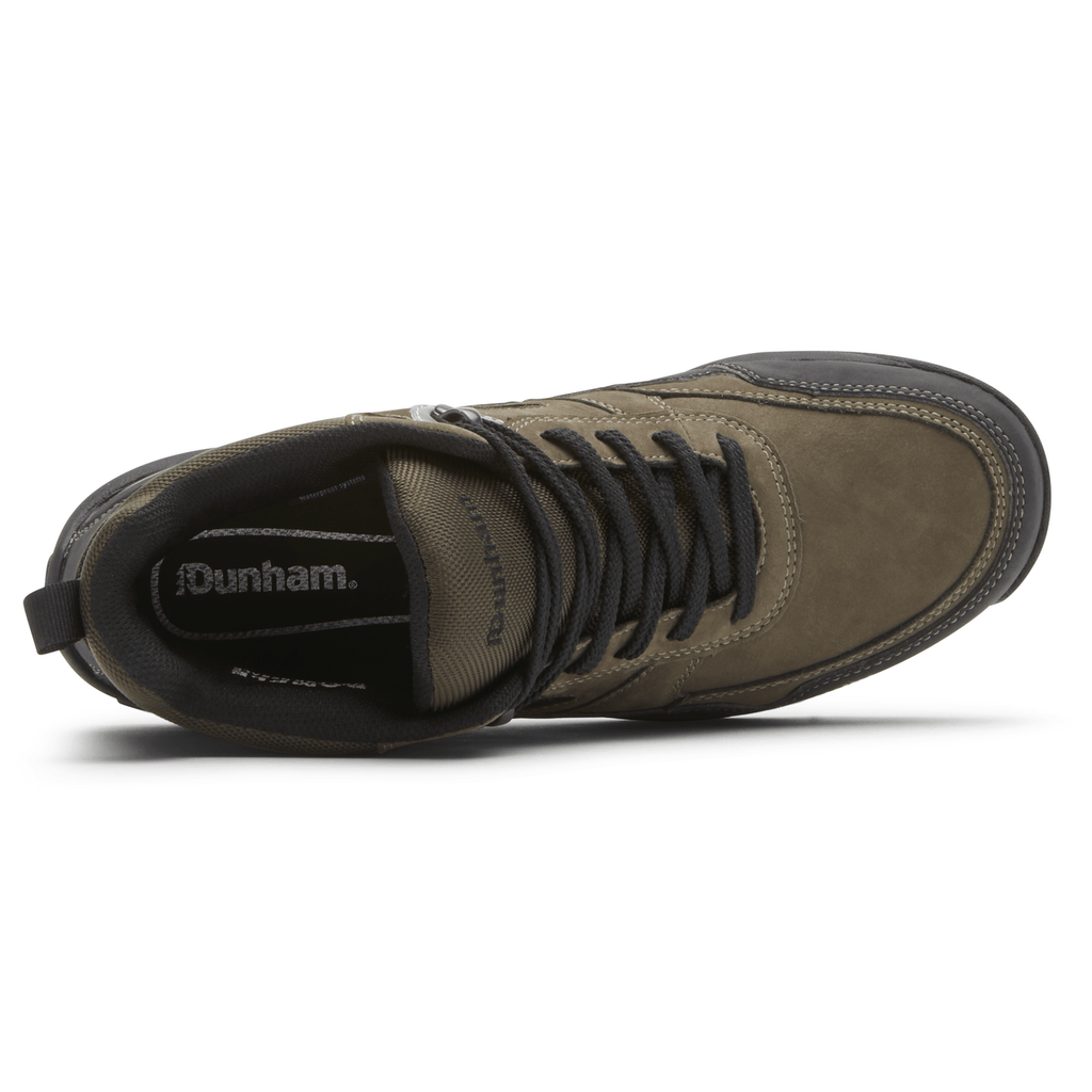 Dunham Cloud Plus Mid II hiking boots top view showing olive green waterproof leather upper, black laces, and padded collar.