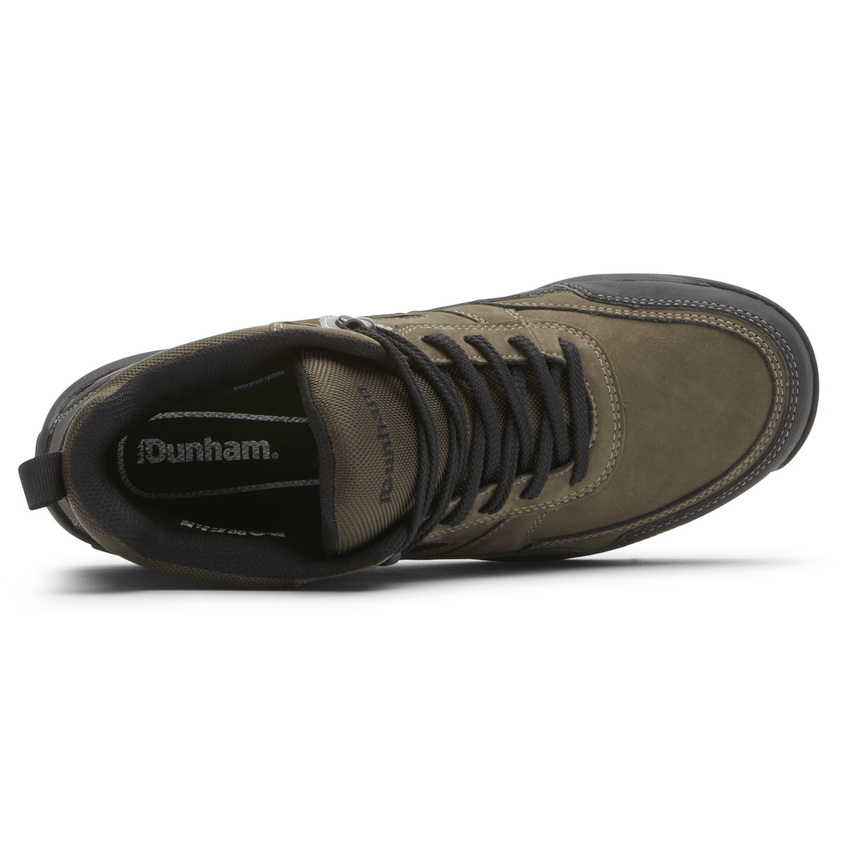Dunham Cloud Plus Mid II hiking boots top view showing olive green waterproof leather upper, black laces, and padded collar.