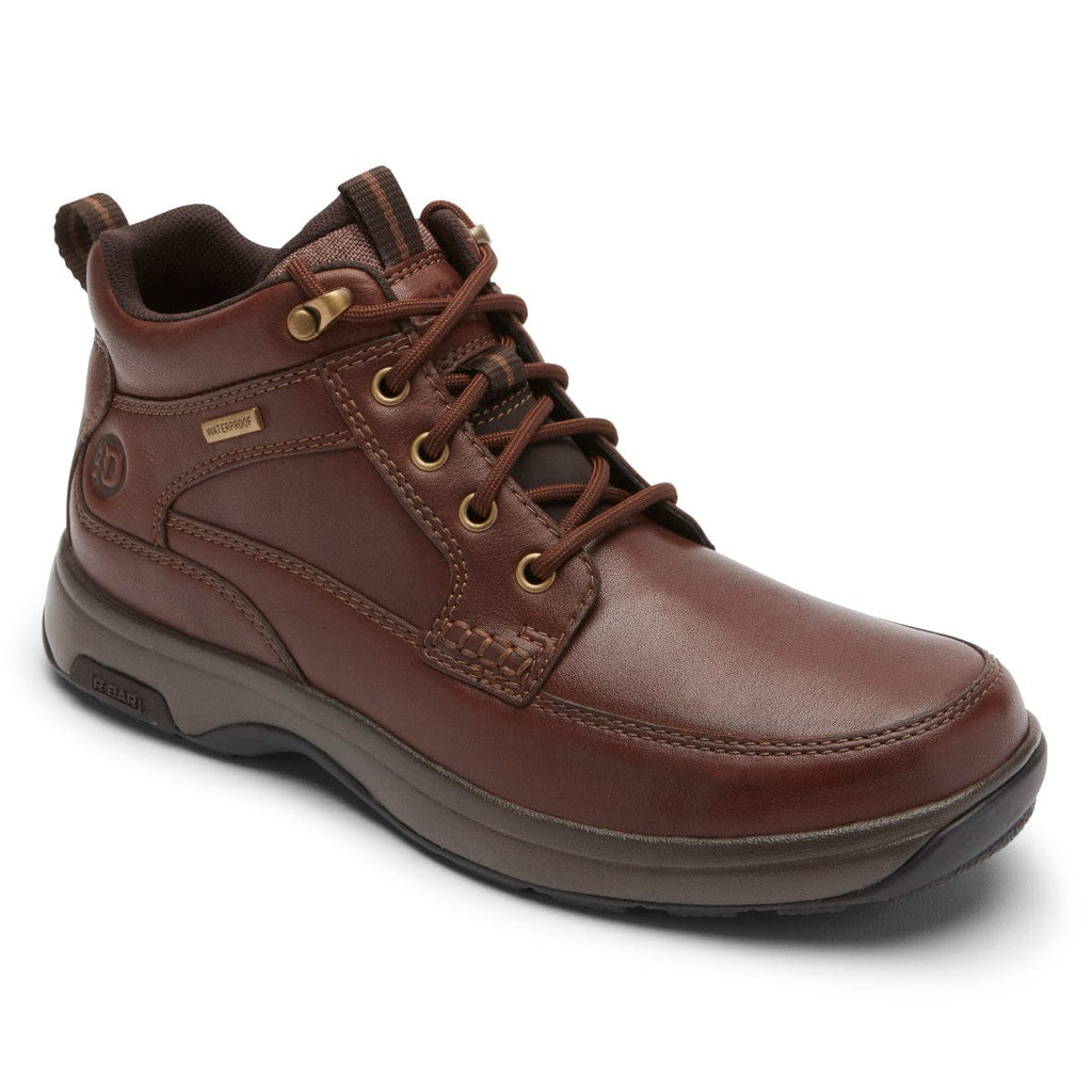 Dunham 8000 Mid Waterproof Boot in brown leather with durable stitching, metal eyelets, and waterproof badge, side angle view