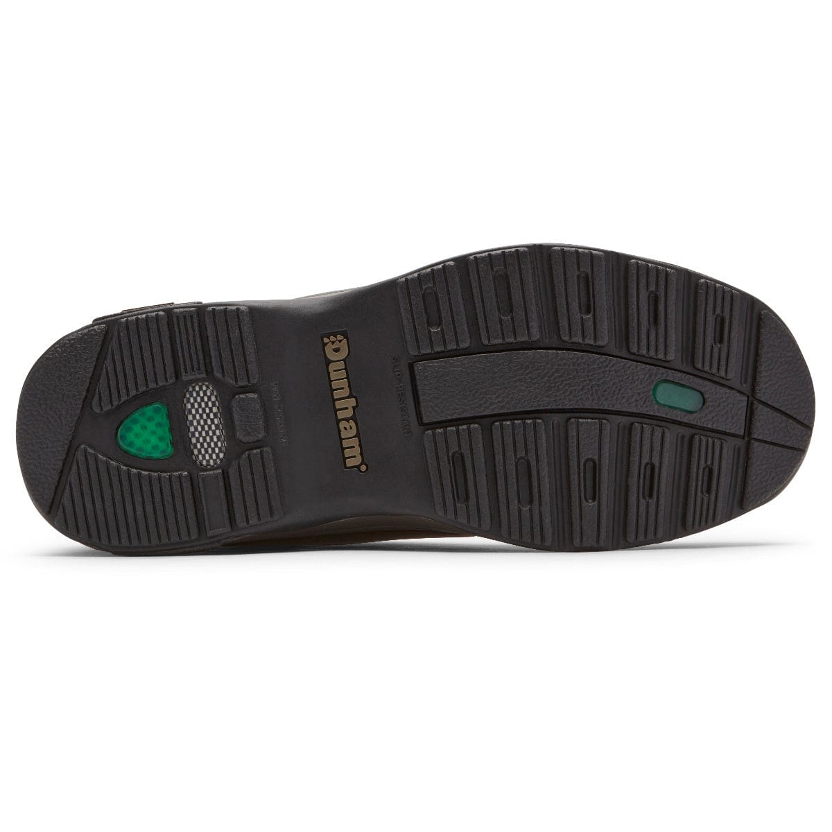 Dunham 8000 Mid Waterproof Boot outsole in black rubber with textured tread pattern and branding, sole/bottom view.