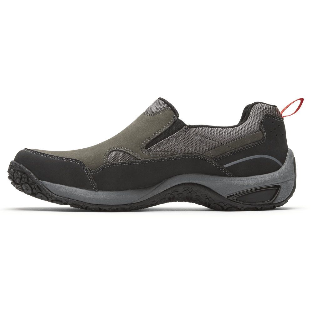 Dunham Cloud Plus Waterproof Slip-On shoes in olive green and black with mesh panels, durable outsole, and pull-tab, side view.