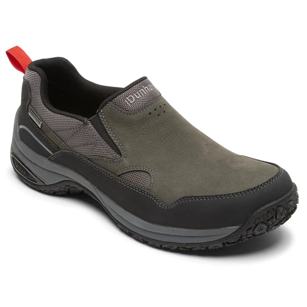 Dunham Cloud Plus Waterproof Slip-On shoes in dark gray with mesh panels, durable rubber outsole, and slip-on design, side view.