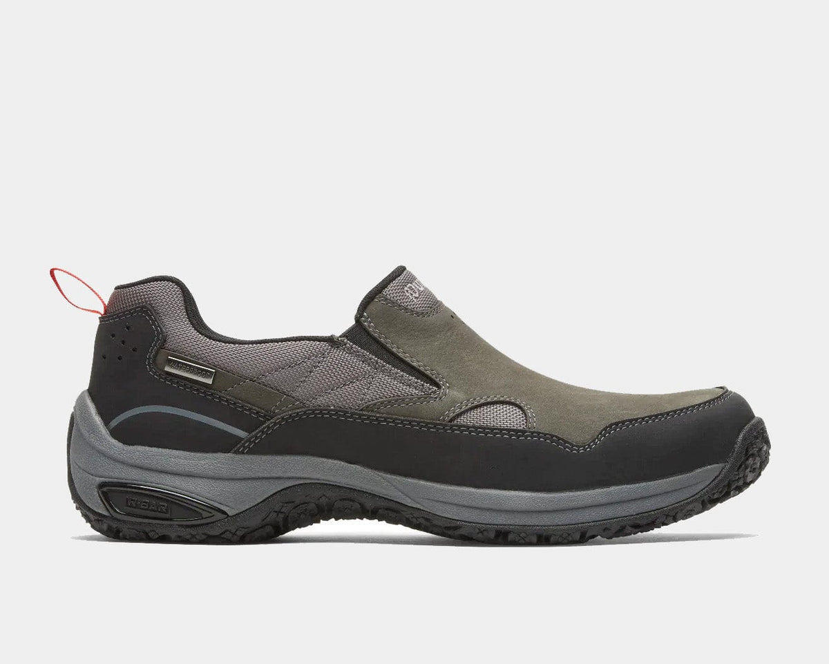 Dunham Cloud Plus Waterproof Slip-On shoes in gray and black with durable leather upper and rugged outsole, side view.