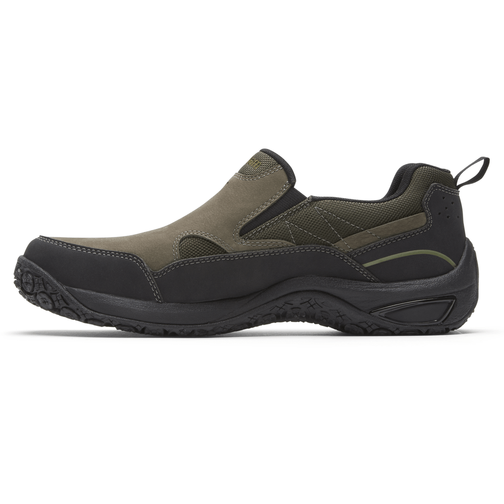 Dunham Cloud Plus Waterproof Slip-On shoes in olive green and black with rugged outsole and slip-on design, side view.