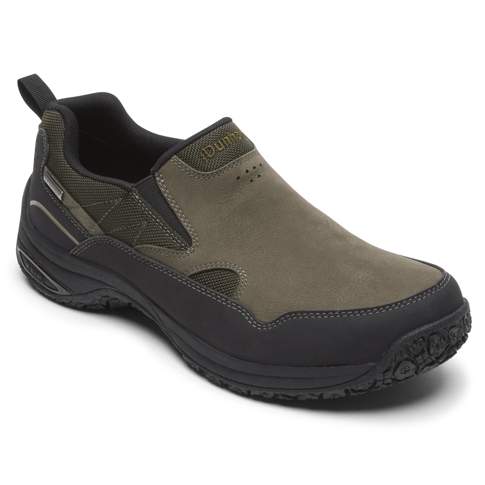 Dunham Cloud Plus Waterproof Slip-On shoes in olive green and black with durable leather upper and rubber outsole, angled front view.
