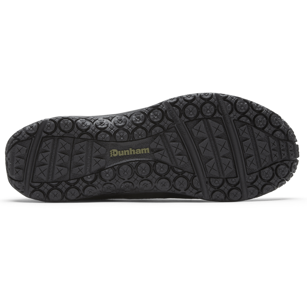 Dunham Cloud Plus Waterproof Slip-On shoe outsole with durable black rubber tread and Dunham logo.