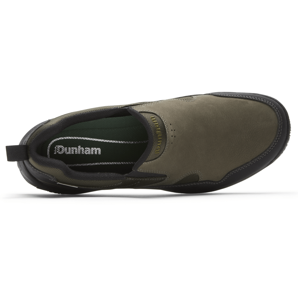 Dunham Cloud Plus Waterproof Slip-On shoes in olive green leather with black accents, top view showing slip-on design and cushioned insole.