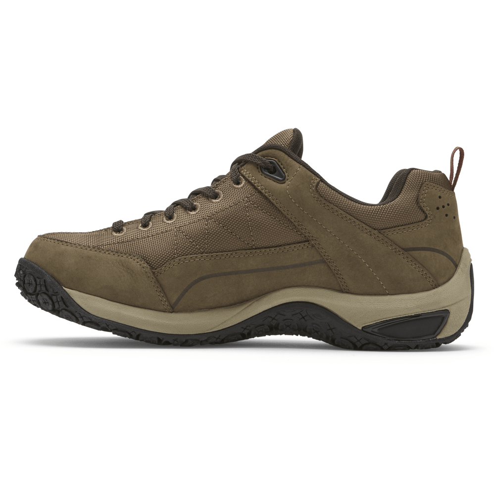 Dunham Cloud Plus Lace Up Waterproof Trekker shoes in brown with durable leather upper, breathable mesh panels, and rugged outsole, side view.