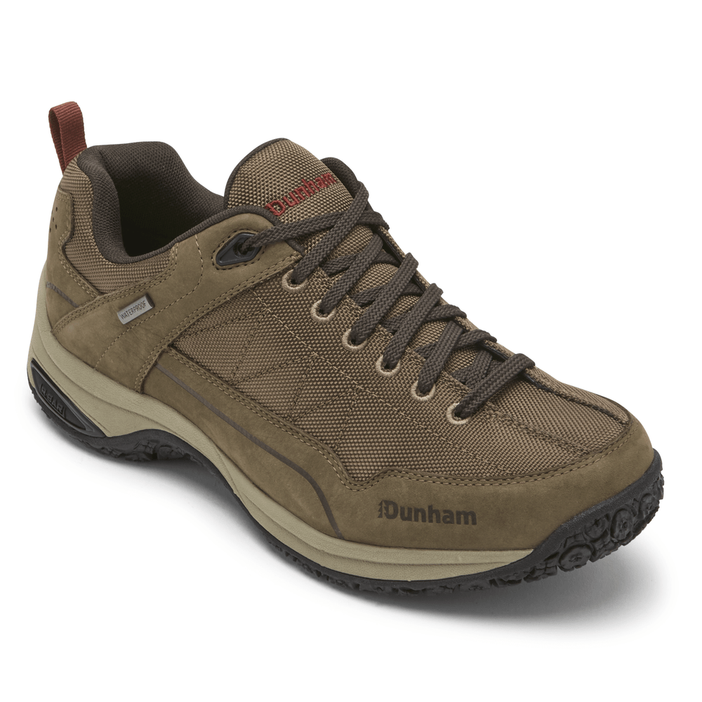 Dunham Cloud Plus Lace Up Waterproof Trekker hiking shoes in brown with durable leather and mesh upper, front angle view.