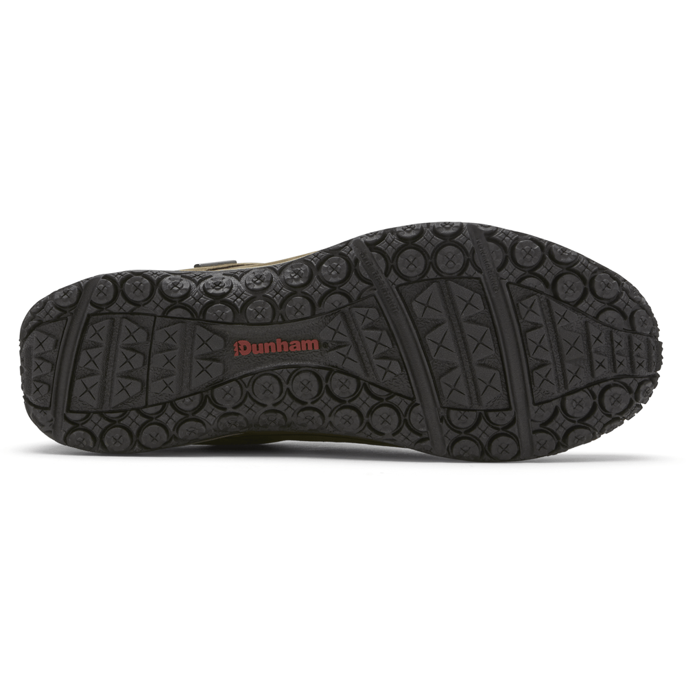 Dunham Cloud Plus Lace Up Waterproof Trekker outsole with textured grip pattern and Dunham logo in black and red rubber, bottom view.