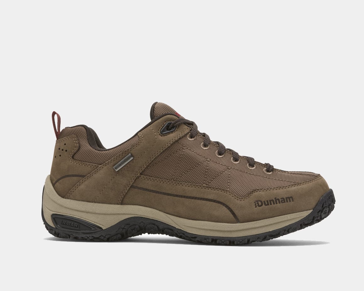 Dunham Cloud Plus Lace Up Waterproof Trekker shoes in brown with durable leather and mesh upper, rugged outsole, side view.