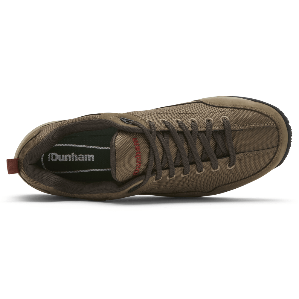 Dunham Cloud Plus Lace Up Waterproof Trekker shoes top view in brown with durable mesh upper, padded collar, and lace closure.