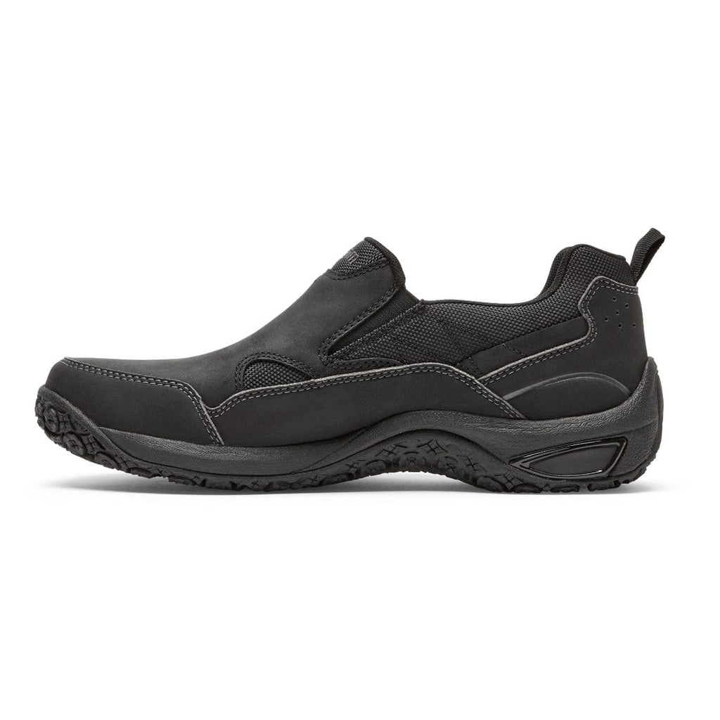 Dunham Cloud Plus Waterproof Slip-On shoes in black with leather upper, mesh panels, and rugged slip-resistant outsole, side view.