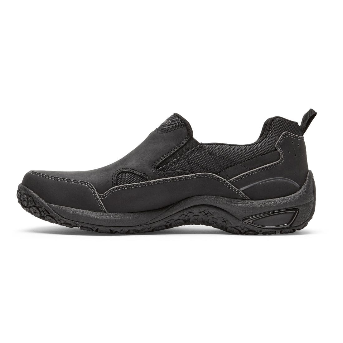 Dunham Cloud Plus Waterproof Slip-On shoes in black with leather upper, mesh panels, and rugged slip-resistant outsole, side view.
