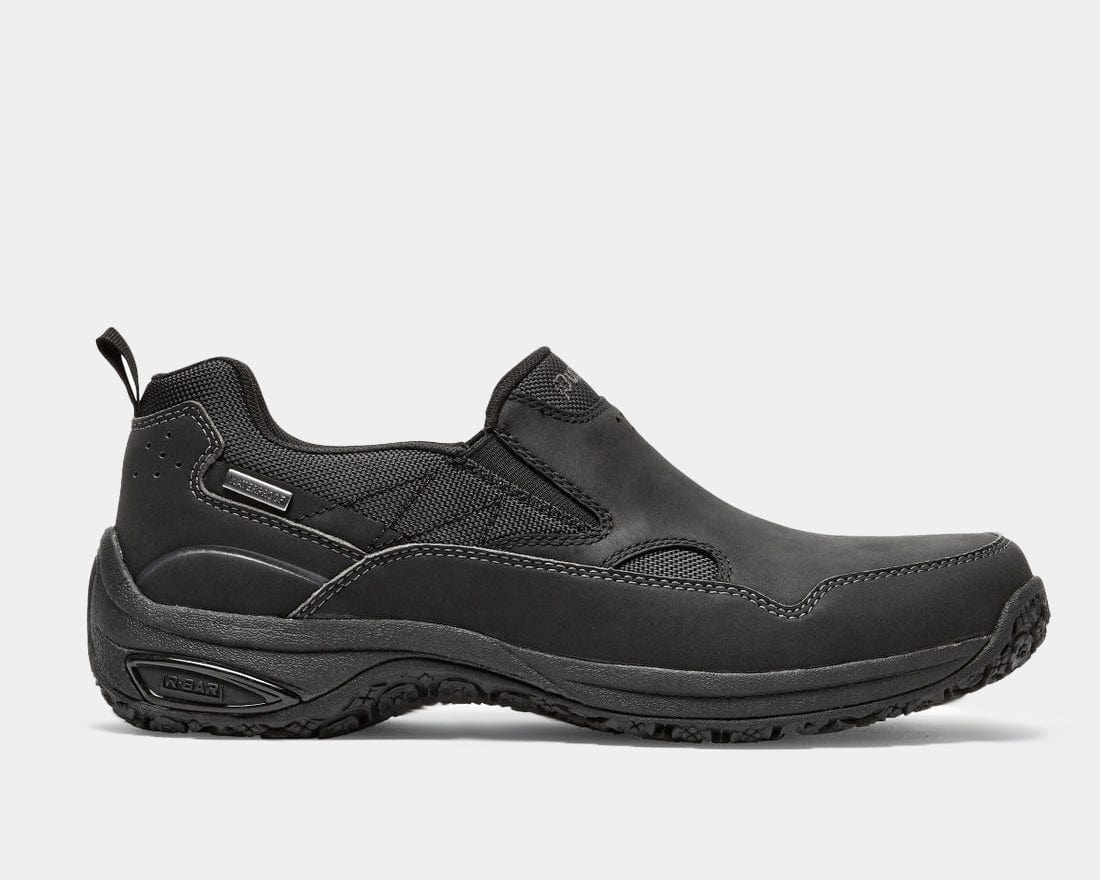 Dunham Cloud Plus Waterproof Slip-On shoes in black with a leather upper, mesh panels, waterproof construction, and rugged outsole, side view.