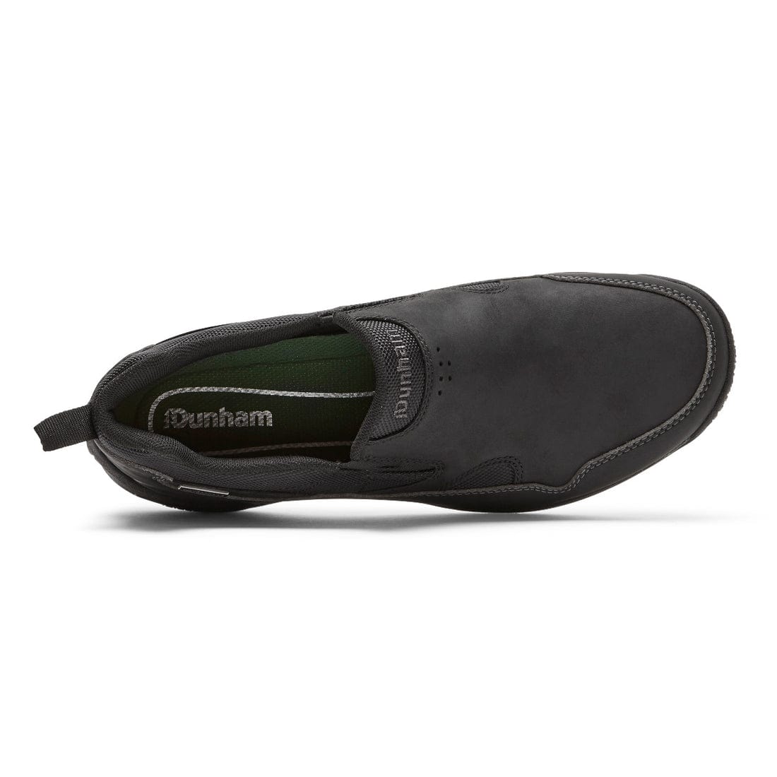 Dunham Cloud Plus Waterproof Slip-On shoe in black leather with stitched accents and pull-tab, top view showing interior green footbed.