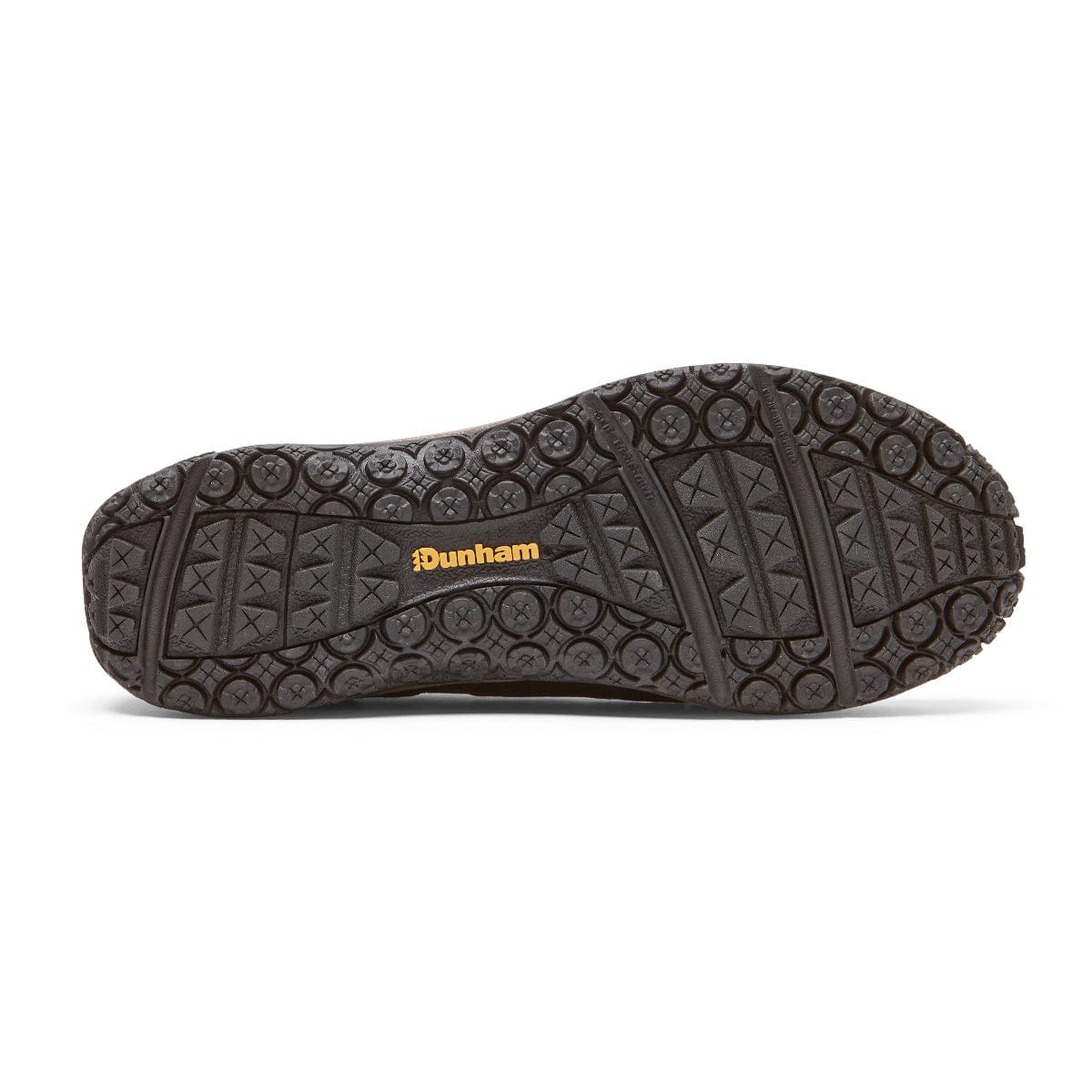 Dunham Cloud Plus Waterproof Slip-On shoe outsole in black with textured grip pattern and Dunham logo in yellow.