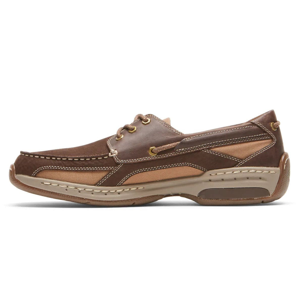 Dunham Captain boat shoes in brown leather and tan mesh, featuring contrast stitching and a durable rubber sole, side view.