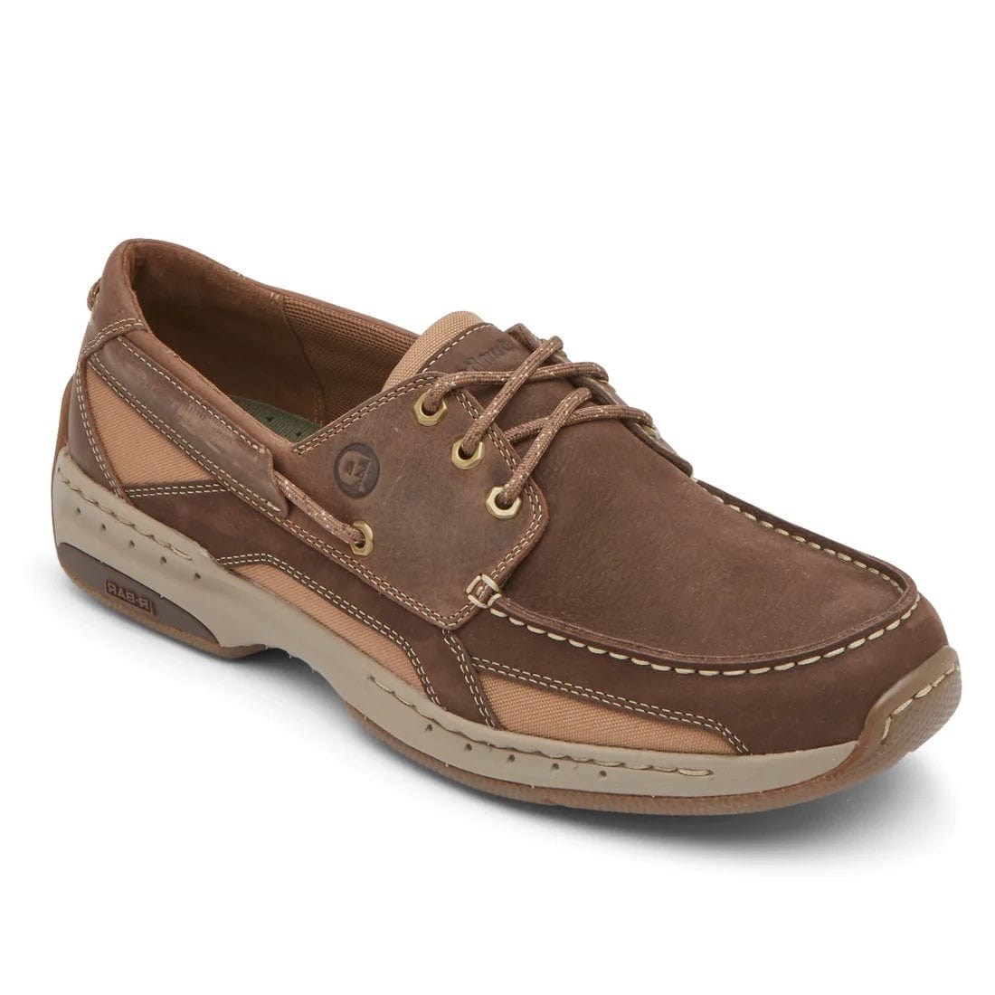Dunham Captain boat shoes in brown leather and tan canvas with contrast stitching and non-slip sole, angled side view.