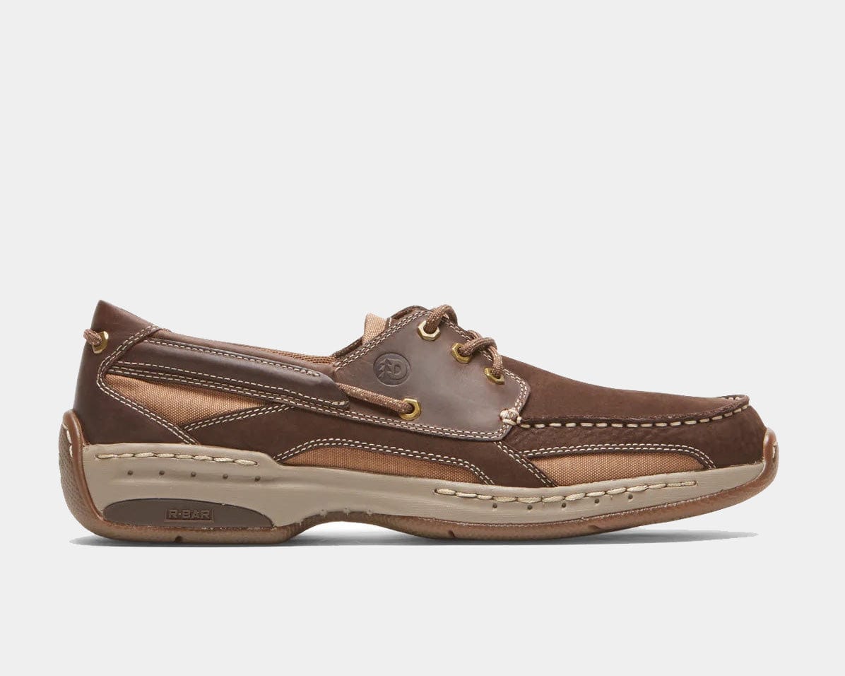 Dunham Captain boat shoes in brown leather with tan mesh accents, contrast stitching, and durable rubber outsole, side view.