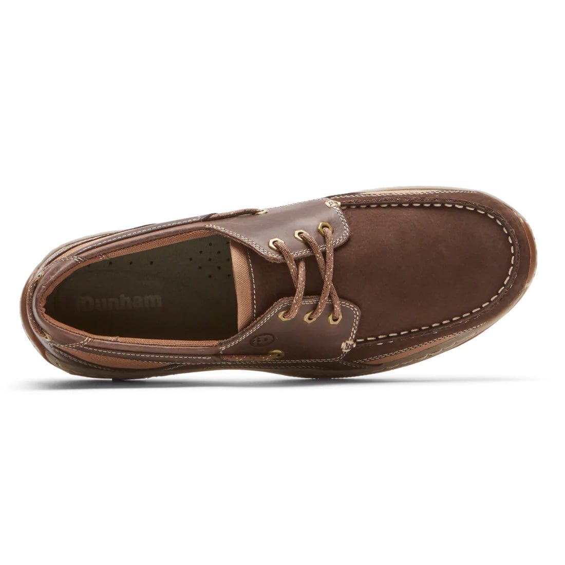 Dunham Captain boat shoes in brown leather with contrast stitching and lace-up design, top view.