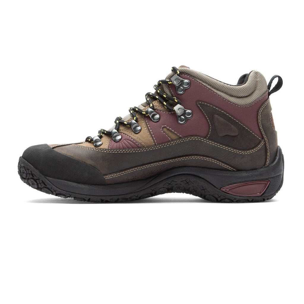 Dunham Cloud Boots in brown and burgundy with leather upper, metal eyelets, and rugged black outsole, side view.