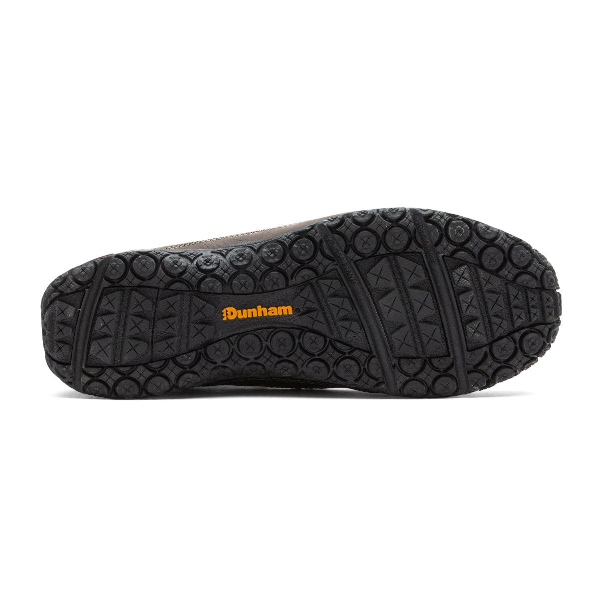 Dunham Cloud Boots outsole in black with textured grip patterns and orange branding, sole/bottom view.